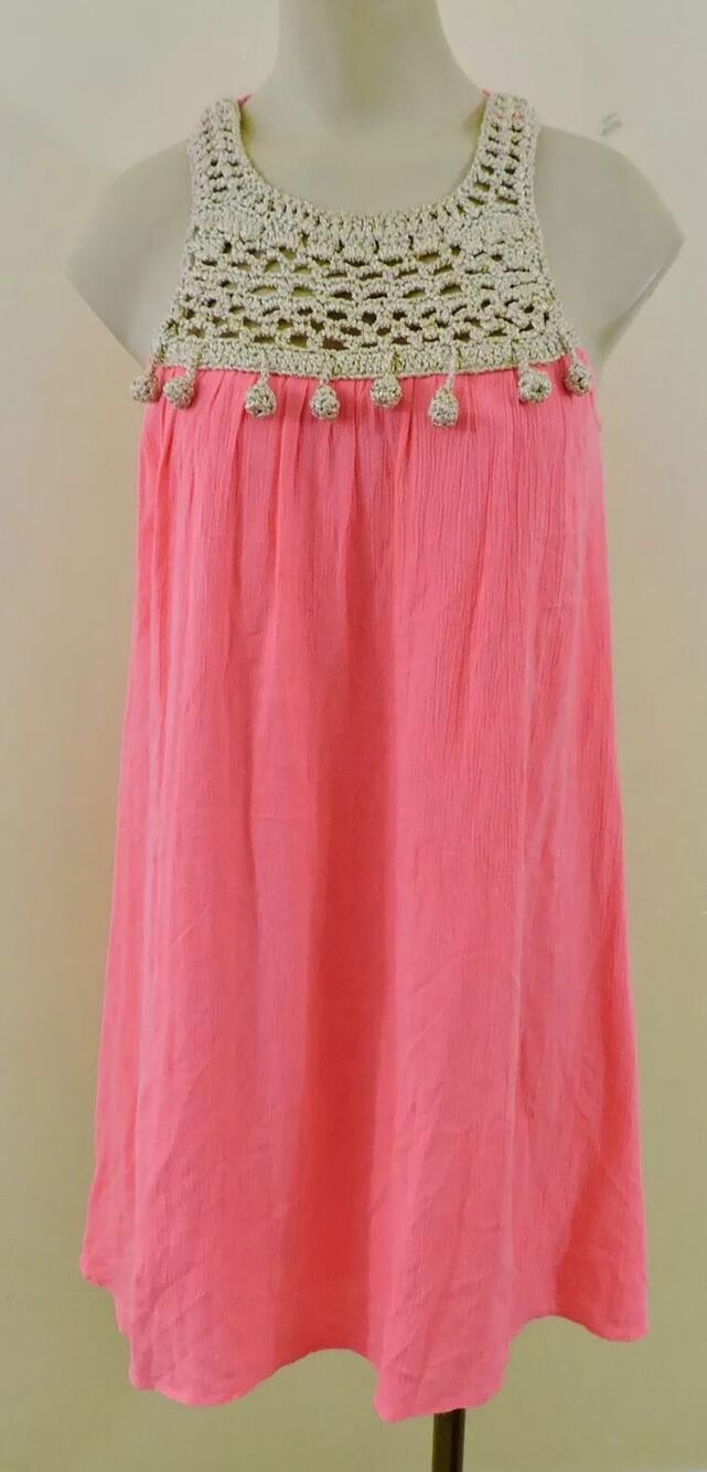 LILLY PULITZER RACHELLE XS Pink Sun Ray Gold Crochet Pom Pom Dress EUC